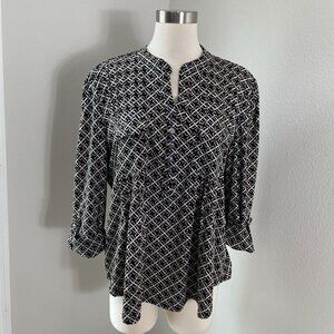 Cocomo Womens Petite XL Geometric Print Stretch Tunic Top Blouse Roll Tab Sleeve